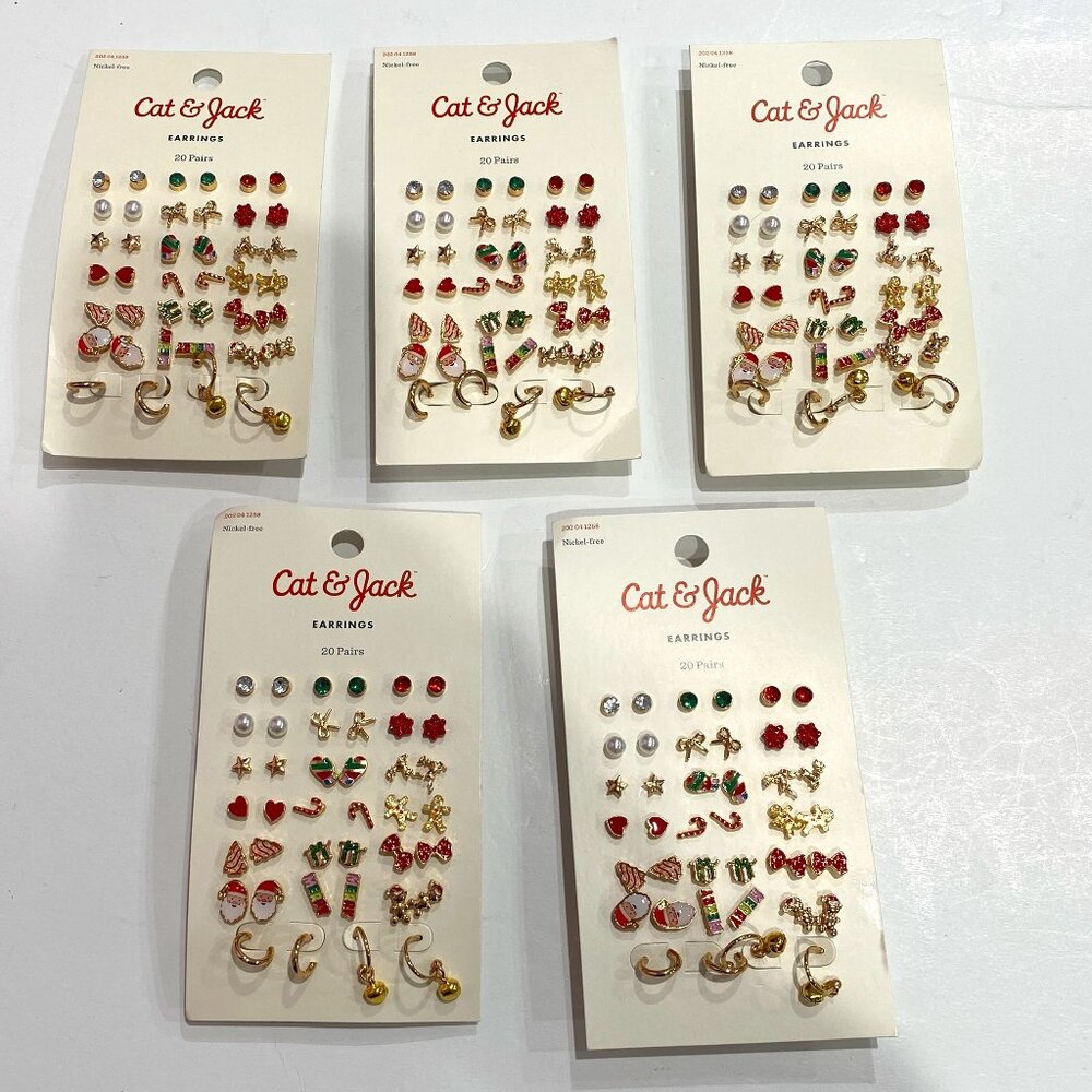 Cat & Jack, NWT lot of 5 /20 pairs per card of kids Christmas themed earrings.